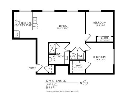 Floor plan for 2 beds, 1 bath, 895 sqft